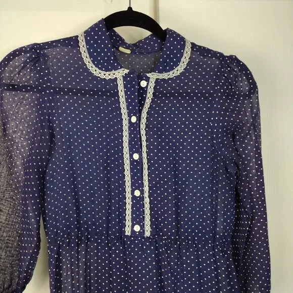 Union Made Vtg 1970s Polka Dot Semi Sheer Dress Sz 7 Prairie Square Dance Retro